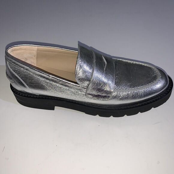 Stuart Weitzman Loafers Womens 10.5 AA Narrow Parker Lift Silver Metallic Lug - Picture 2 of 10